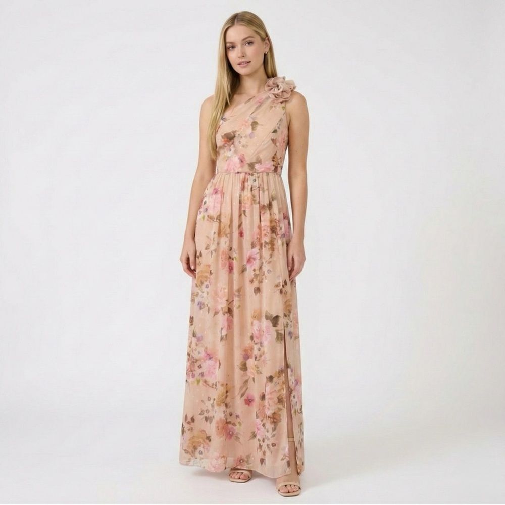Adrianna Papell Nude Floral One Shoulder Gown 8 NWT Champagne Multi Bridesmaid